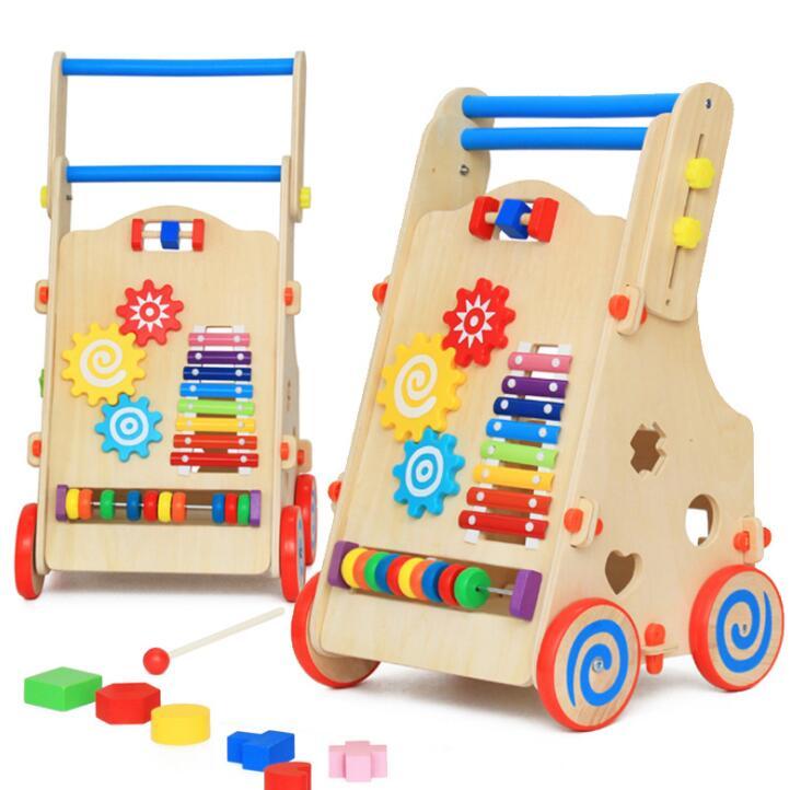 Deluxe Baby Walker Learning Activity Center -Walk Trolley, Shape Sorter, Counting, Xylophone & Gears Baby Toddler Push-n-Play Wooden Toys